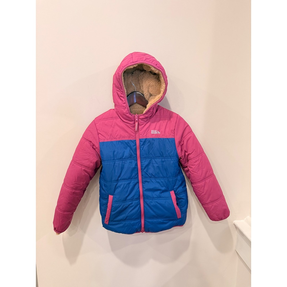 Eddie Bauer Kids Reversible Puffer Jacket Pink Blue Fleece Lined Hooded M 10/12